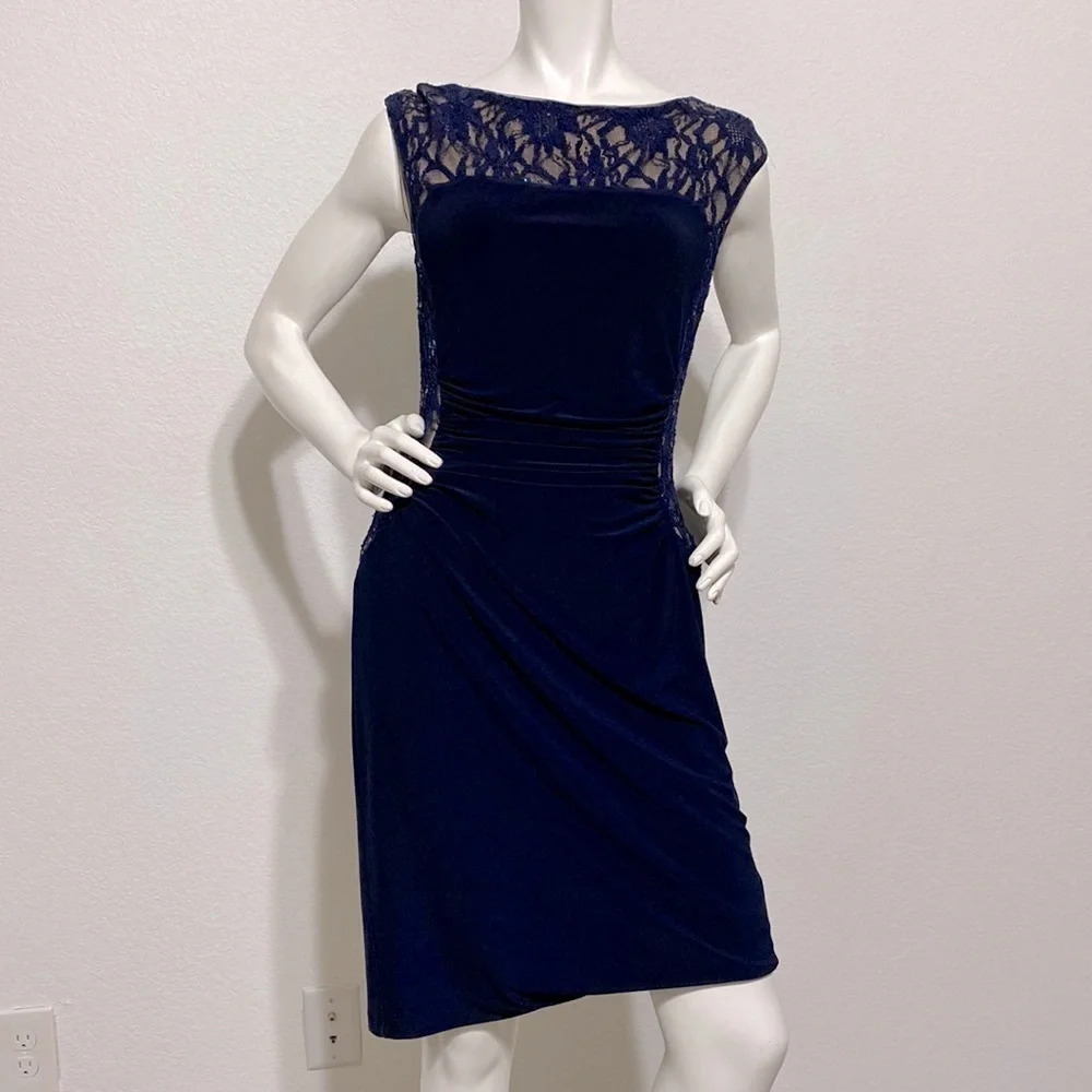 Lauren Ralph Lauren Navy Neutral Classic Minimalist Sheer Lace Dress Size 10